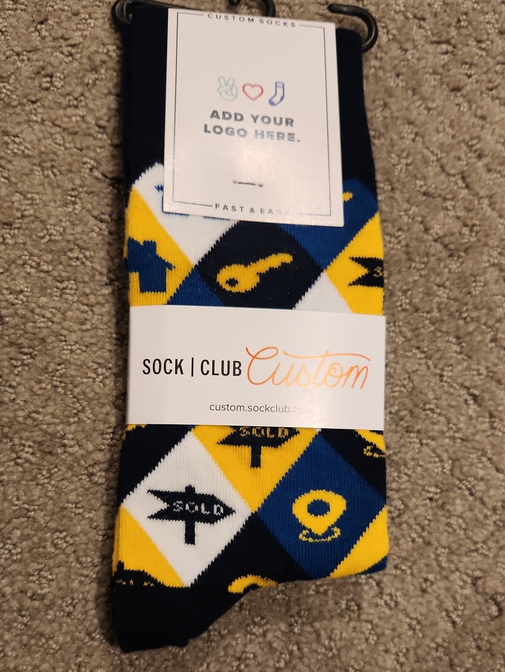Custom Sock Club Men's Argyle Logo Crew Socks - Navy, Yellow, White. Realtor